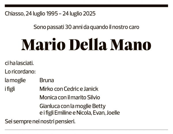 Annuncio funebre Mario Della Mano