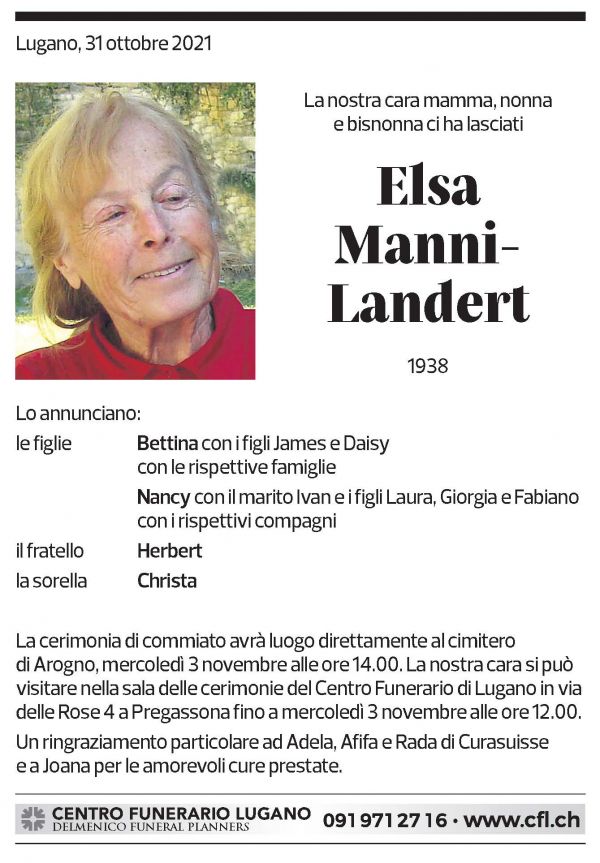 Annuncio funebre Elsa Manni - Landert