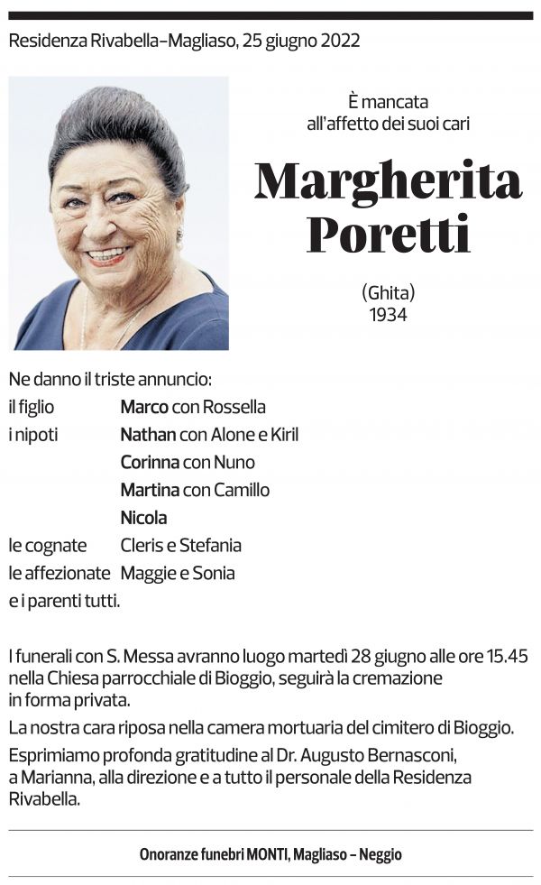 Annuncio funebre Margherita Poretti