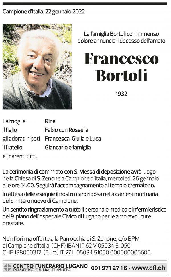 Annuncio funebre Francesco Bortoli