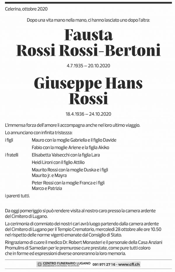 Annuncio funebre Fausta Rossi Rossi-bertoni Giuseppe Hans Rossi