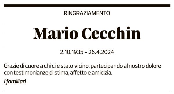 Annuncio funebre Mario Cecchin