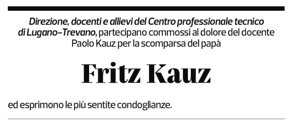 Annuncio funebre Fritz Kauz