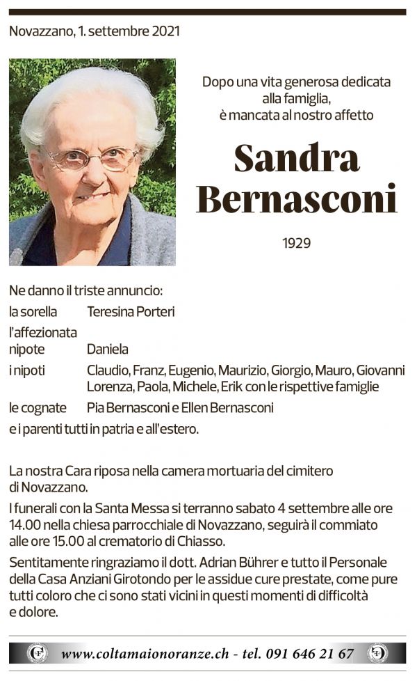 Annuncio funebre Sandra Bernasconi