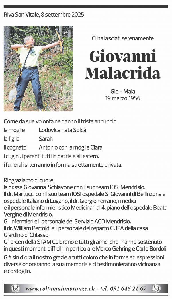 Annuncio funebre Giovanni Malacrida