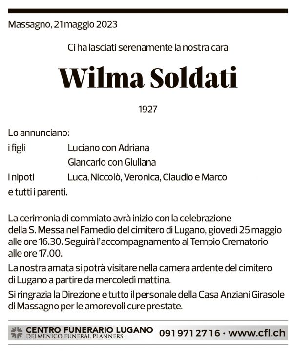 Annuncio funebre Wilma Soldati