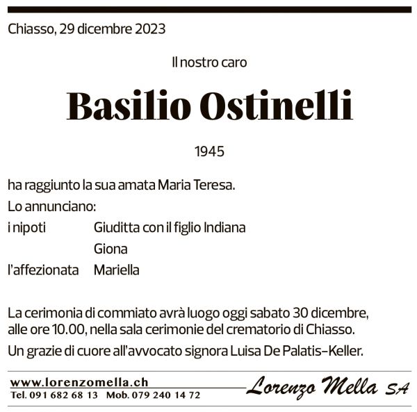 Annuncio funebre Basilio Ostinelli