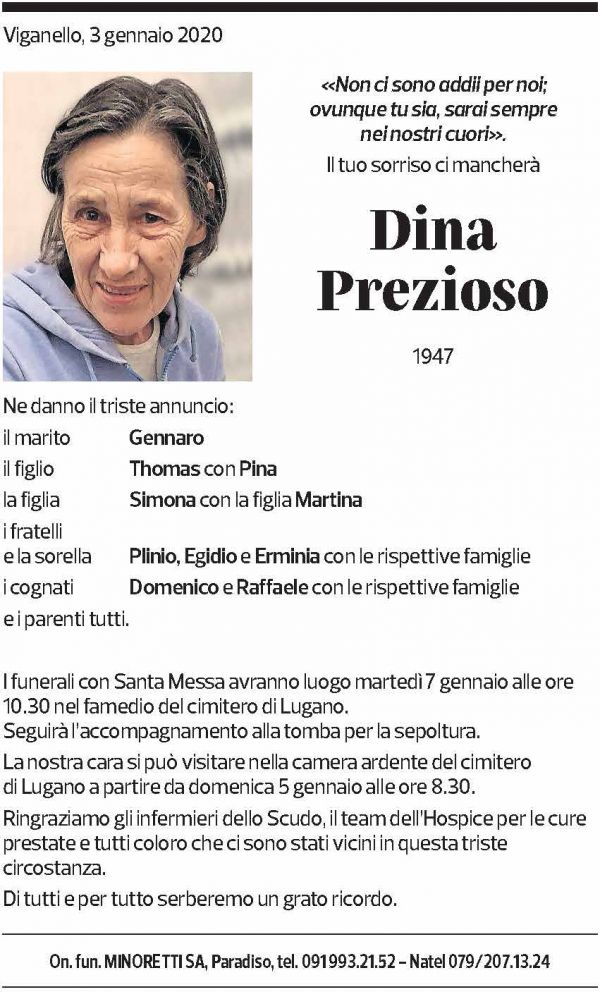Annuncio funebre Dina Prezioso