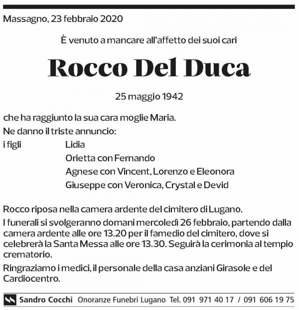 Annuncio funebre Rocco Del Duca