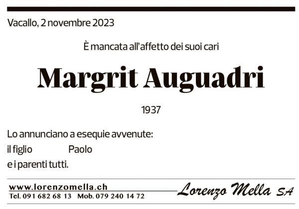 Annuncio funebre Margrit Auguadri