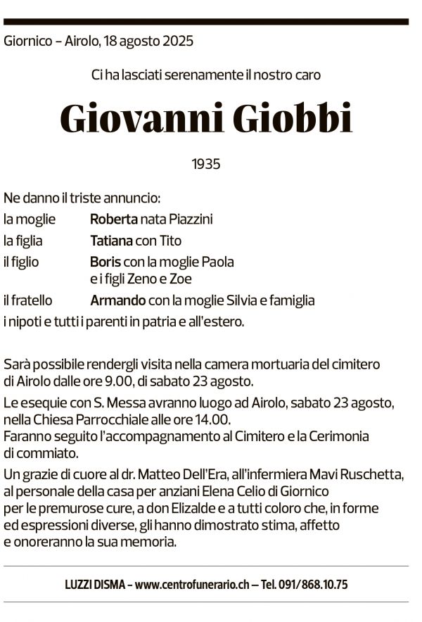 Annuncio funebre Giovanni Giobbi