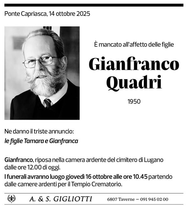 Annuncio funebre Gianfranco Quadri