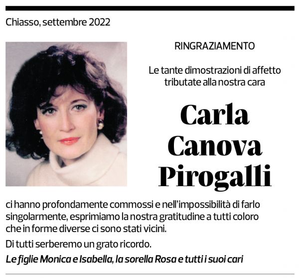 Annuncio funebre Carla Canova Pirogalli