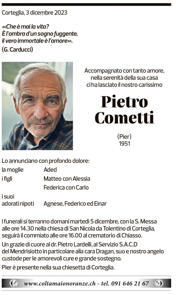 Annuncio funebre Pietro Cometti