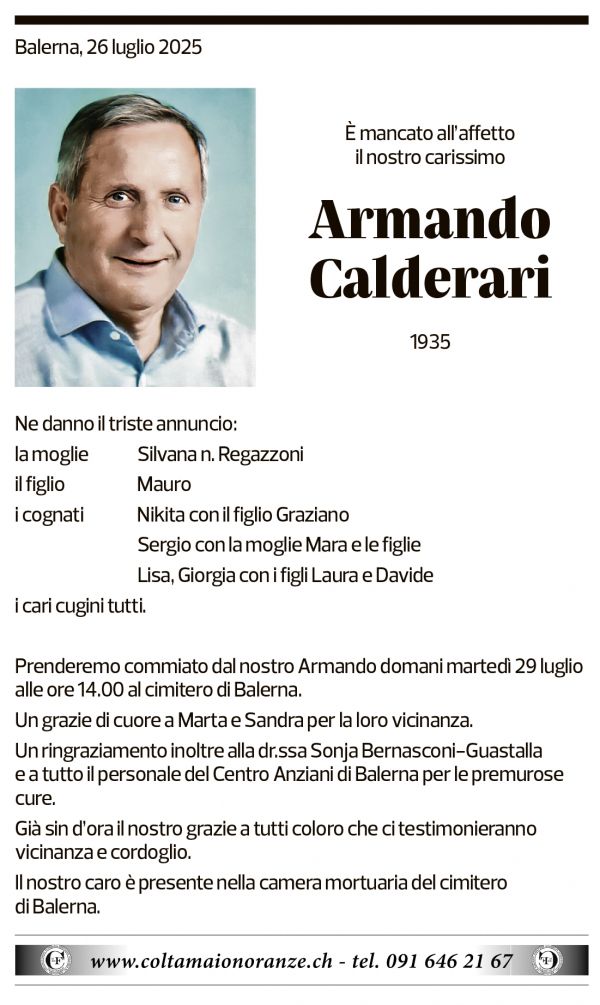 Annuncio funebre Armando Calderari