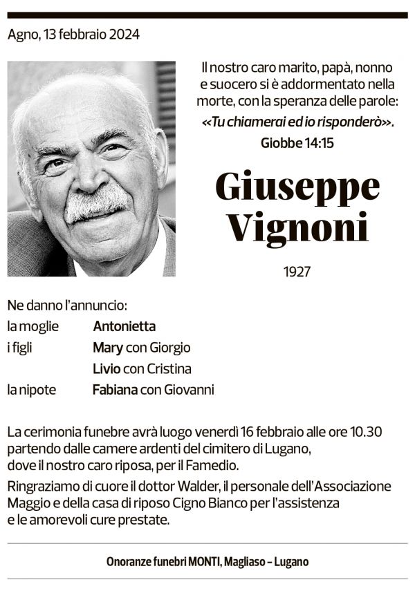 Annuncio funebre Giuseppe Vignoni