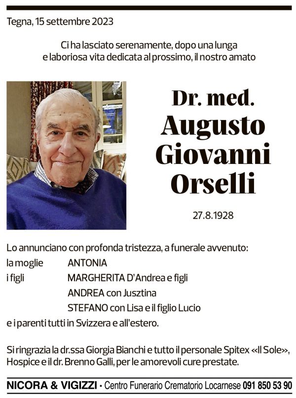 Annuncio funebre Augusto Giovanni Orselli