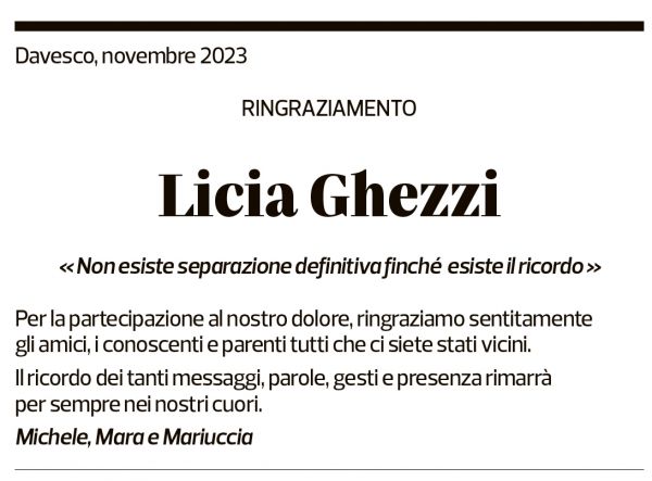 Annuncio funebre Licia Ghezzi