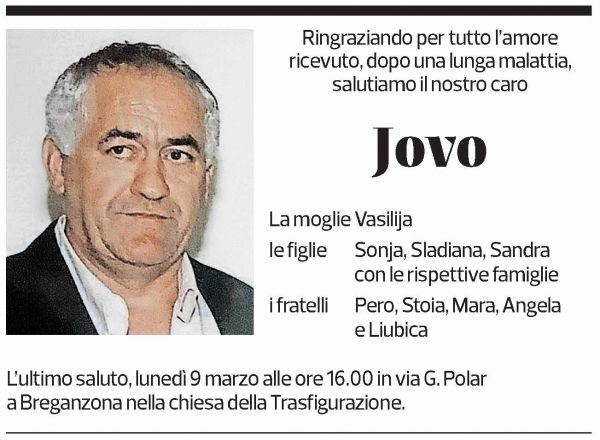 Annuncio funebre Jovo Cupic