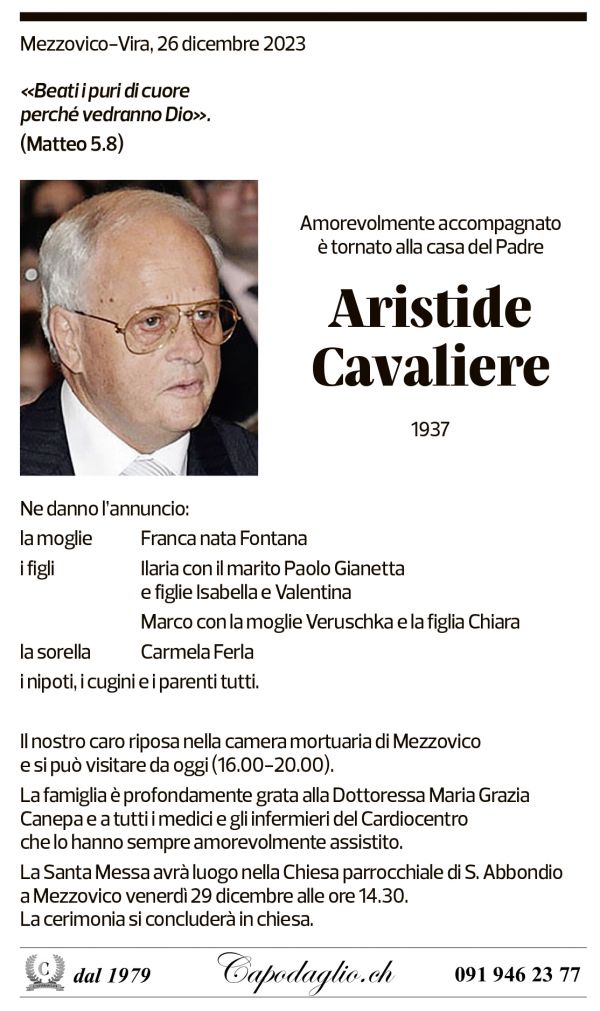 Annuncio funebre Aristide Cavaliere