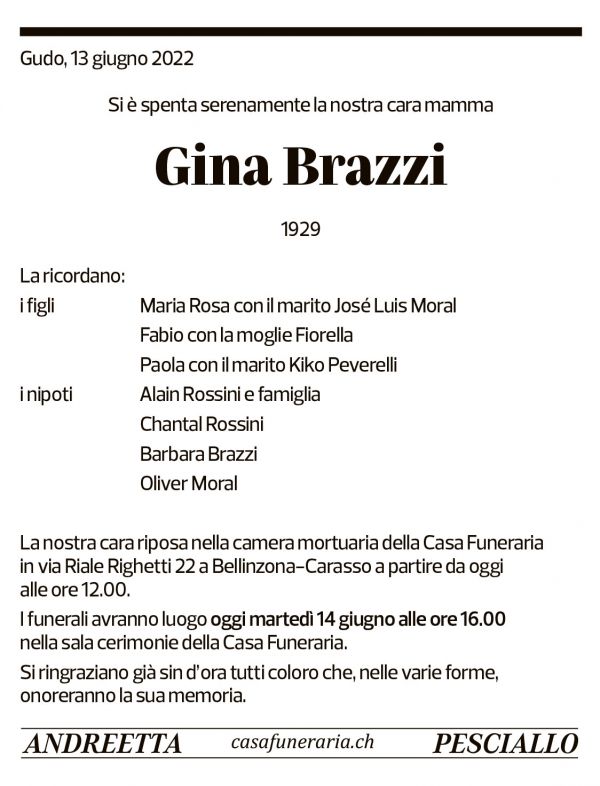 Annuncio funebre Gina Brazzi