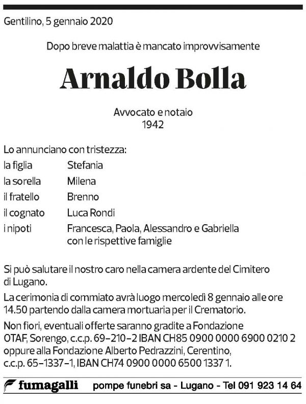 Annuncio funebre Arnaldo Bolla