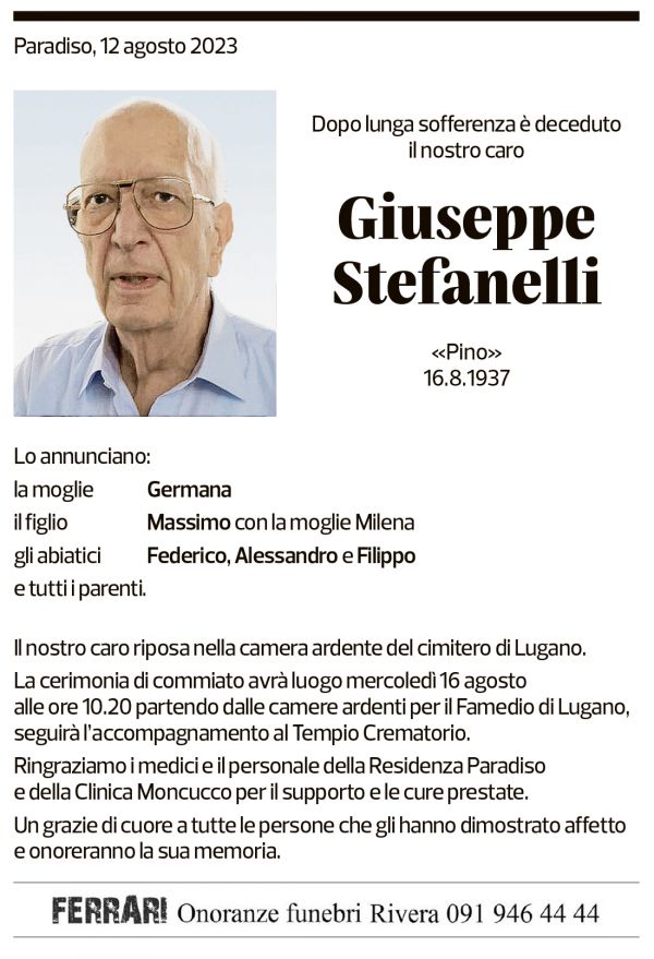 Annuncio funebre Giuseppe Stefanelli