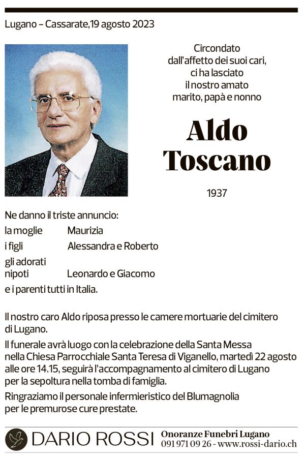 Annuncio funebre Aldo Toscano