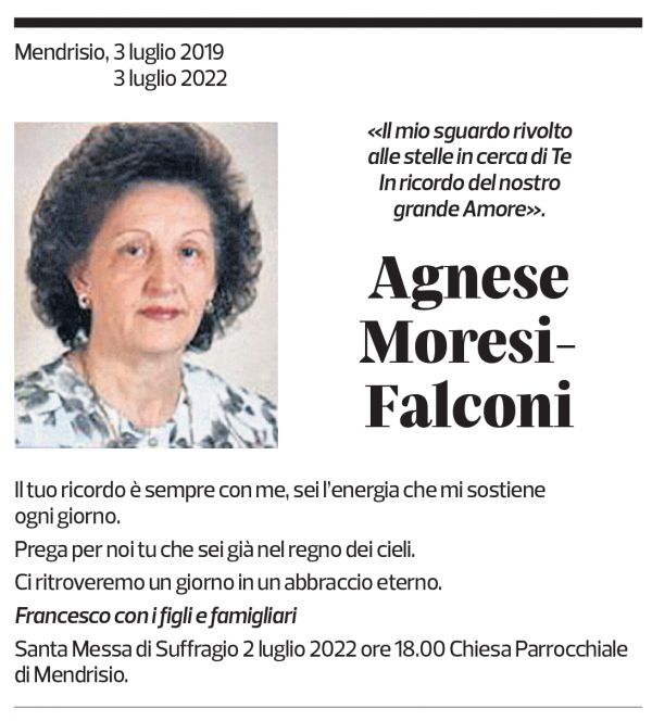 Annuncio funebre Agnese Moresi-falconi