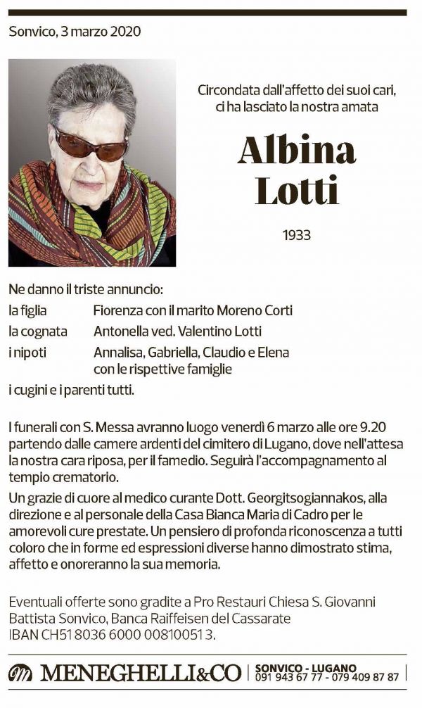 Annuncio funebre Albina Lotti