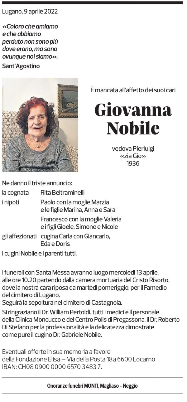 Annuncio funebre Giovanna Nobile