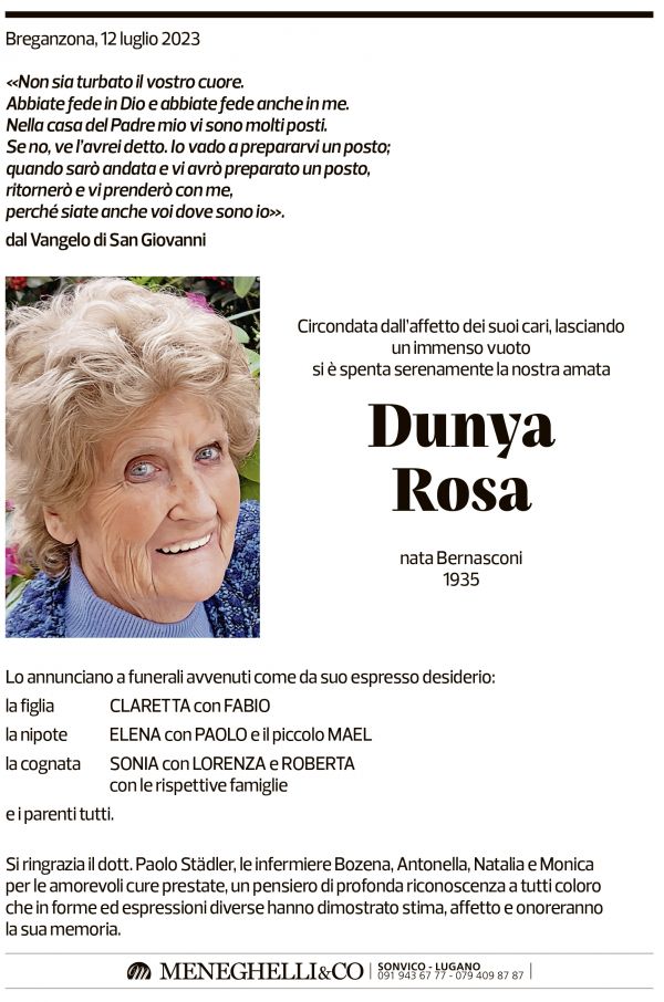 Annuncio funebre Dunya Rosa