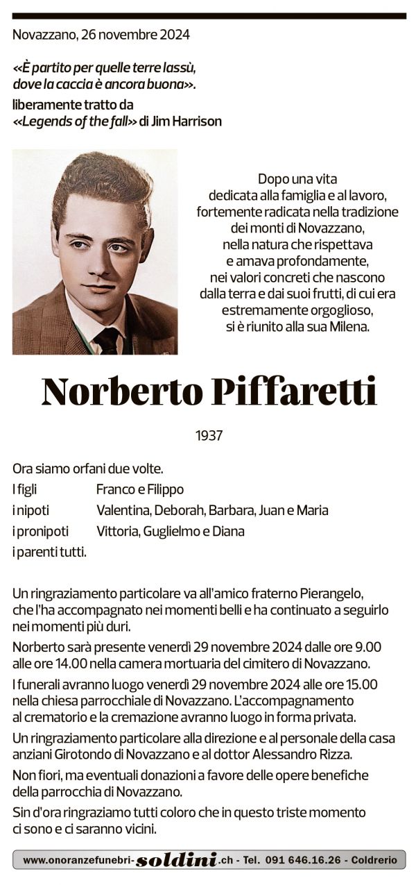 Annuncio funebre Norberto Piffaretti