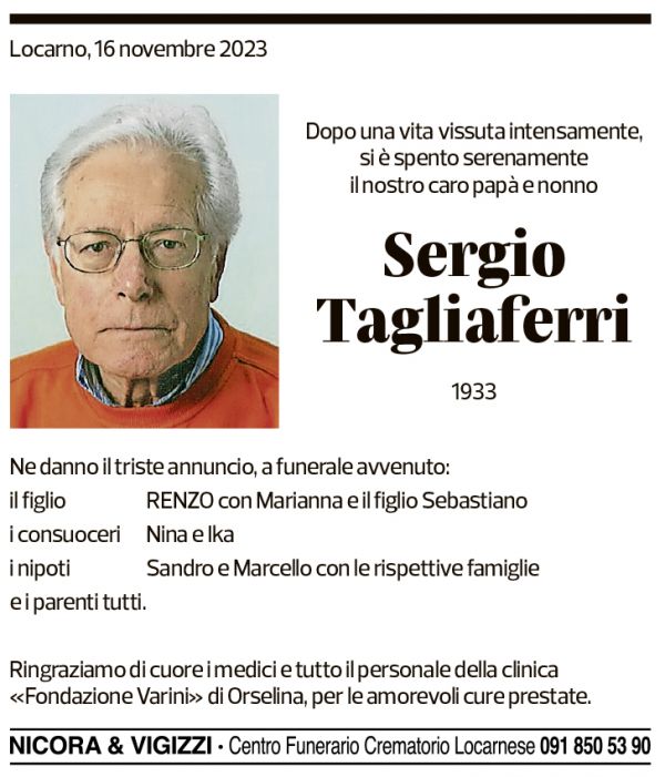 Annuncio funebre Sergio Tagliaferri