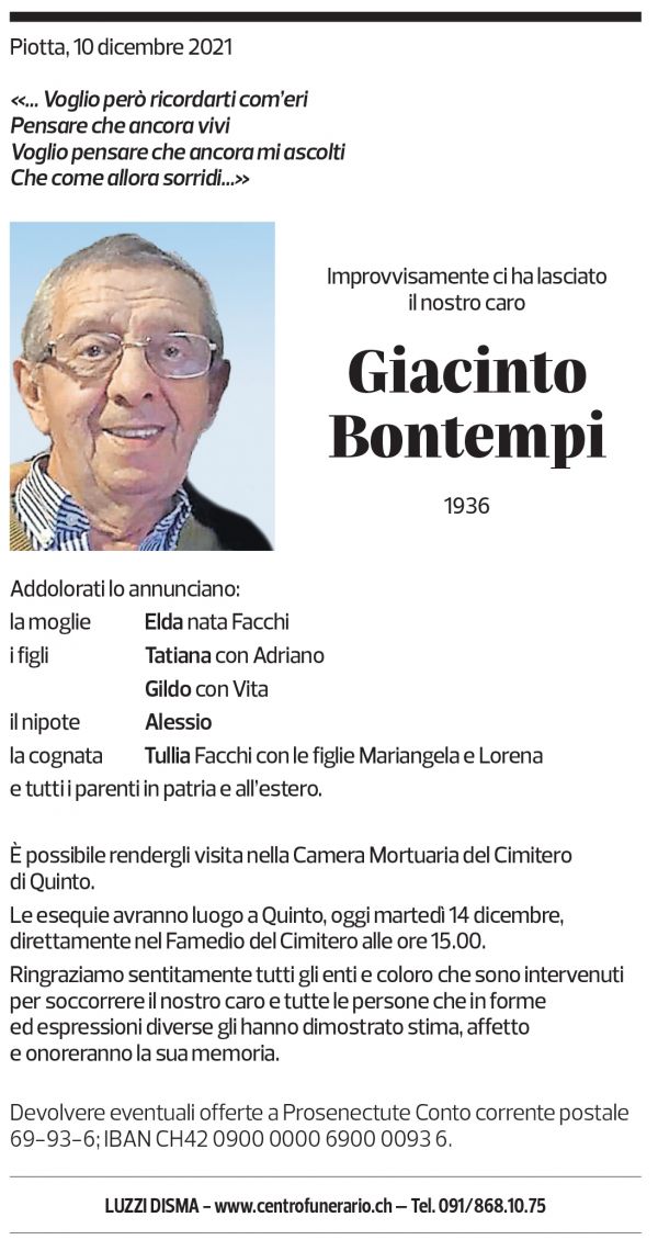 Annuncio funebre Giacinto Bontempi