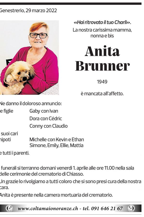 Annuncio funebre Anita Brunner