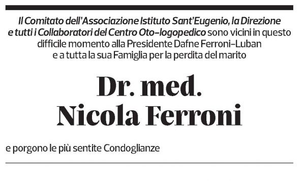 Annuncio funebre Dr. Med. Nicola Ferroni