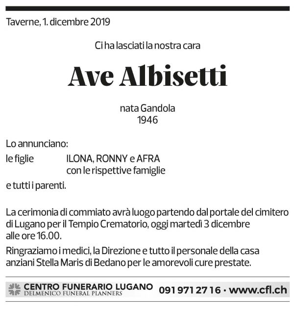 Annuncio funebre Ave Albisetti