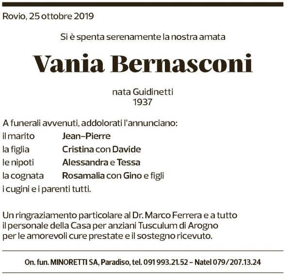 Annuncio funebre Vania Bernasconi