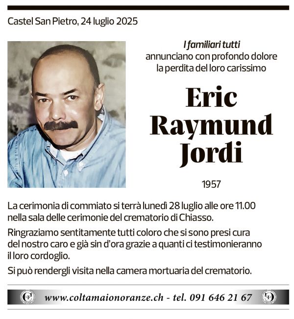 Annuncio funebre Eric Raymund Jordi