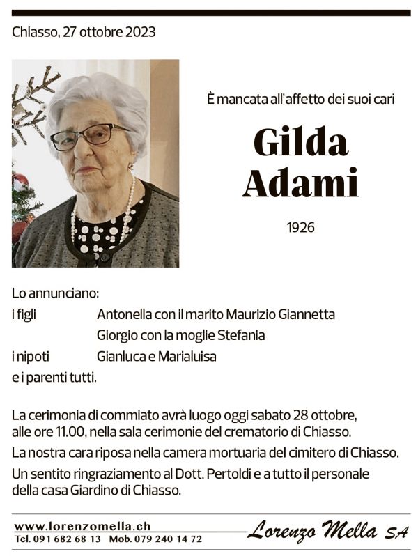 Annuncio funebre Gilda Adami