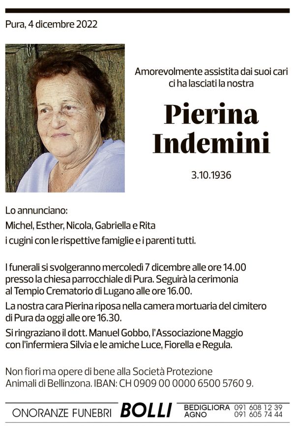 Annuncio funebre Pierina Indemini