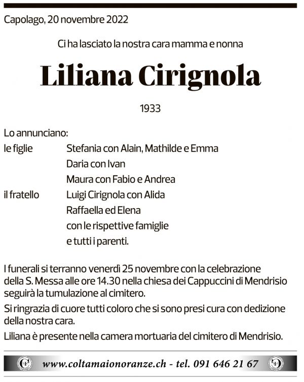 Annuncio funebre Liliana Cirignola