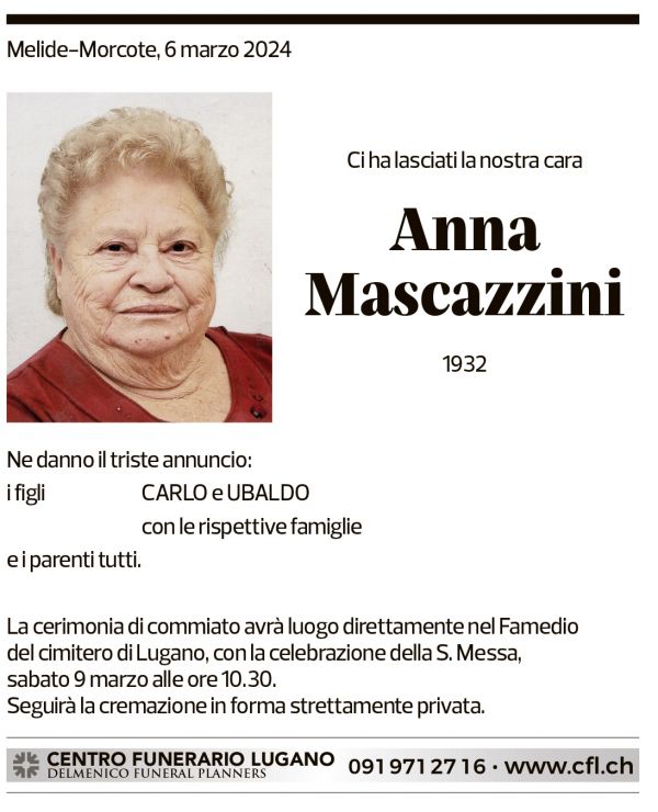 Annuncio funebre Anna Mascazzini