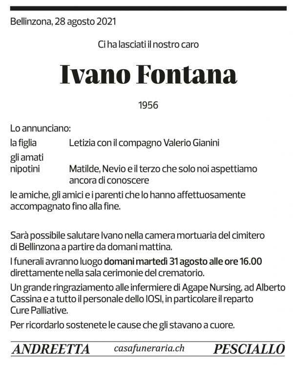 Annuncio funebre Ivano Fontana