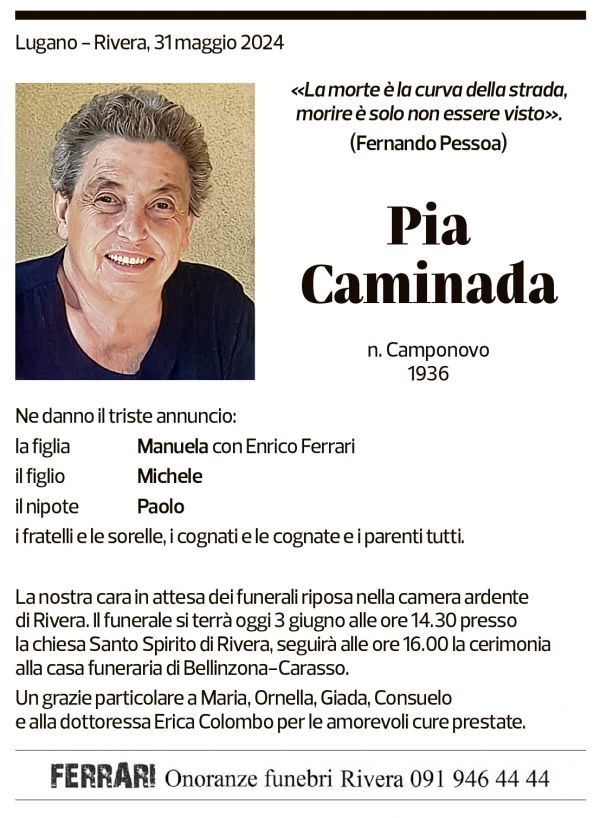 Annuncio funebre Pia Caminada