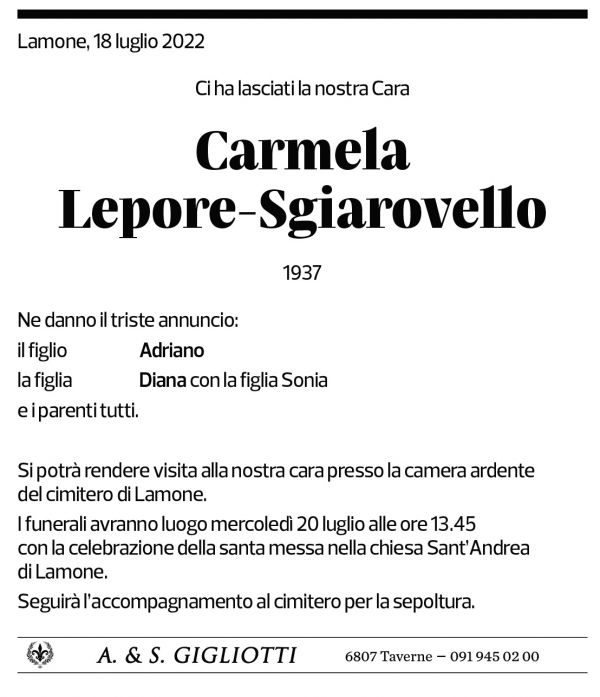 Annuncio funebre Carmela Lepore-sgiarovello