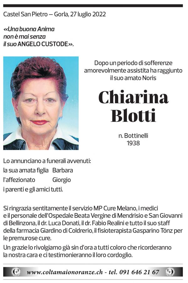 Annuncio funebre Chiarina Blotti