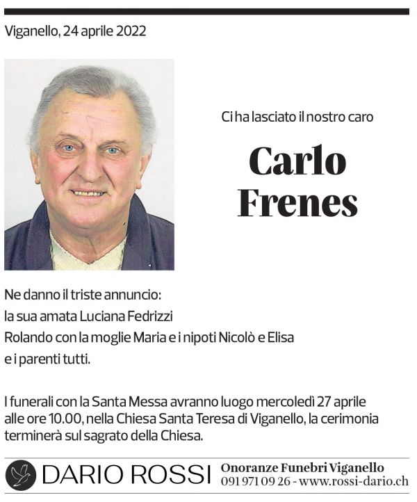 Annuncio funebre Carlo Frenes