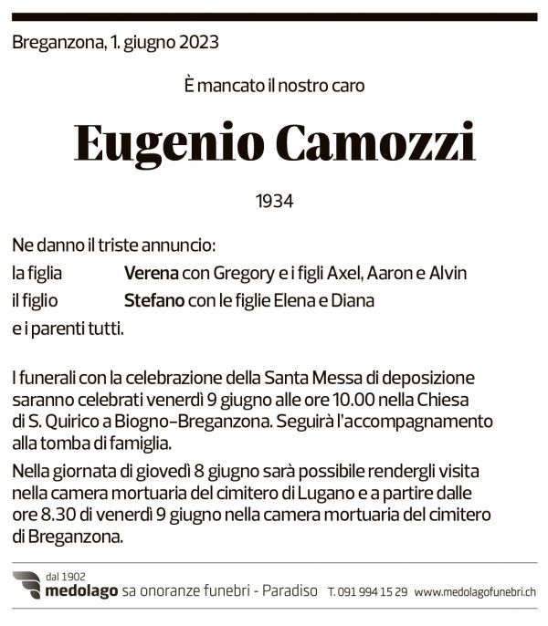 Annuncio funebre Eugenio Camozzi